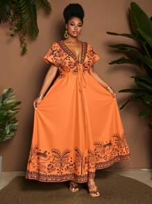 Maweii 大码女式优雅浪漫度假椰子树印花V领天使袖A字连衣裙 - 黃色 - 查看 3