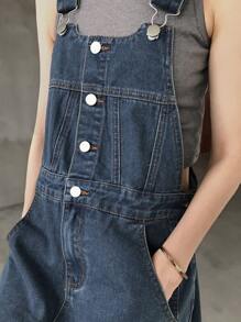 FRIFUL Đầm yếm denim không tay màu trơn có túi dành cho nữ, đầm mùa hè. - Rửa tối - Xem 5