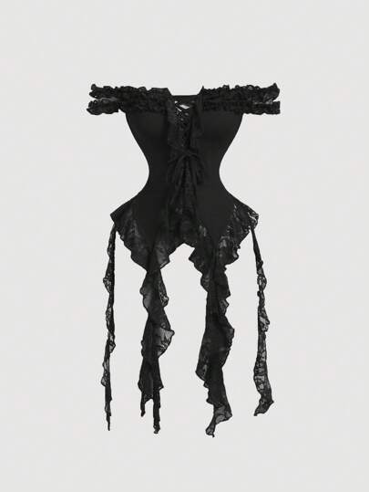 SHEIN MOD Kadınlar için Siyah Dantelli Fırfırlı Çapraz Bağlamalı Bluz