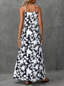 EMERY ROSE Women's Sleeveless V-Neck Full Print Casual Long Dress, Summer - Black and White - View 2