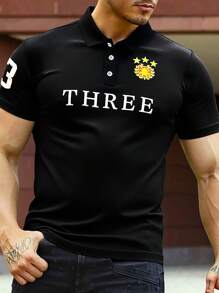 Manfinity Homme 男士休闲字母印花圆领短袖 Polo 衫，夏季 - 黑色 - 查看 1