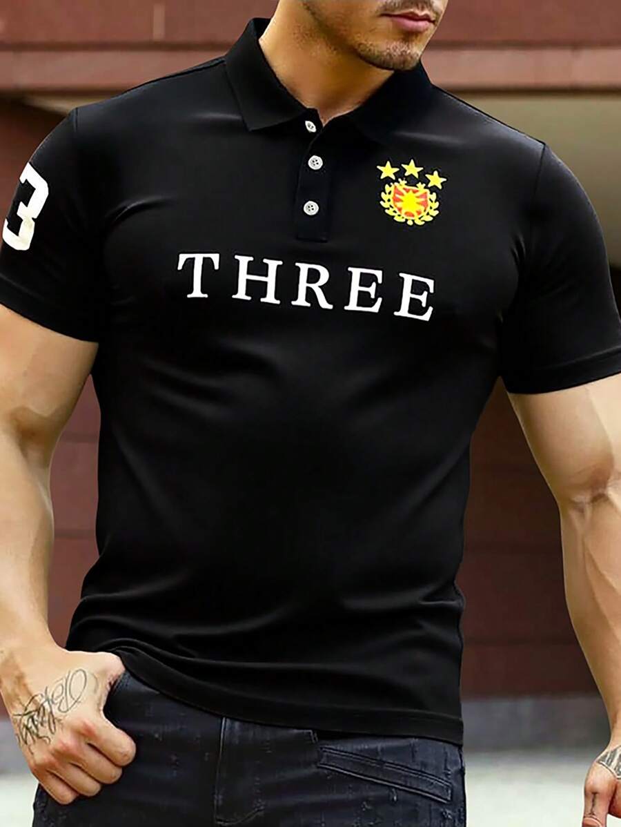 Manfinity Homme 男士休闲字母印花圆领短袖 Polo 衫,夏季 - 黑色 - 查看 1