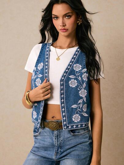 Poéselle 女式花卉刺绣牛仔背心，蓝色波西米亚风女式牛仔夹克，时尚前开式牛仔夹克，Y2k 乡村音乐会可爱夏季上衣，节日，外出，复古，秋季