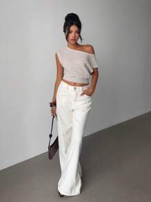 Aloruh Neue modische asymmetrische Schulterspitze Gestreiftes Top mit asymmetrischem Saum, Lässig & Vielseitig, figurschmeichelndes Design in Apricot