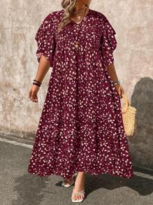 EMERY ROSE 大码女式优雅碎花宽松荷叶边袖 V 领长裙