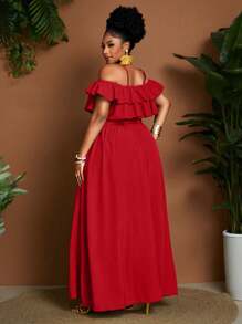 Maweii Plus Size Women's Red Ruffled Off-Shoulder Short Sleeve Dress With Flared Skirt - Red - View 8