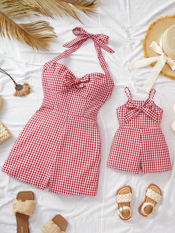 SHEIN Pelele de cuadros escotado con lazo para bebé niña y mamá, diseño veraniego
