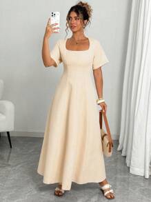 Elenzga Đầm Maxi Tay Dài Dáng Chữ A Cổ Vuông Xẻ Rẽ Phía Trước Mùa Xuân/Hè Màu Trơn Thanh Lịch Cho Nữ Công Sở/Tiệc Tụy - Màu be - Xem 5