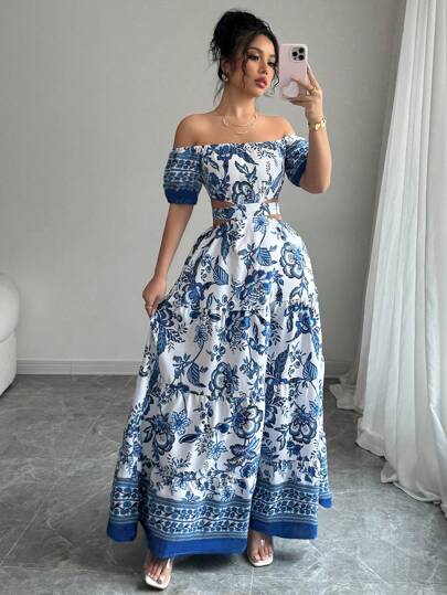 Rafferiza Off-Shoulder Short-Sleeve Crop Tie Printed Dress. The Elegant Off-Shoulder Design Highlights Charming Collarbones And Shoulders. The Short-Sleeve Cut Offers A Refreshing Wearing Experience. The Crop Tie Design Cleverly Outlines The Slim Waistline. The Unique Textured Fabric Endows The Dress With A High-Grade Texture. The Overall Look Is Fashionable And Eye-Catching.