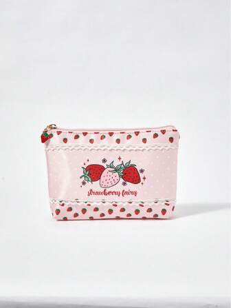 Kawaii Women's Large Capacity Lace Trim White Polka Dot & Strawberry Pattern Transparent Makeup Bag