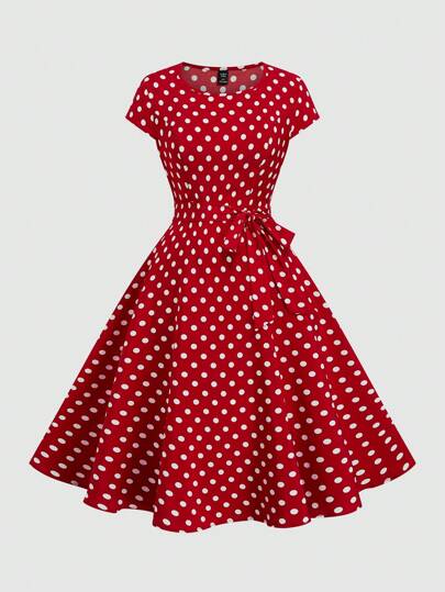 Sunspun Plus Size Romantisk Röd Prickig Klänning