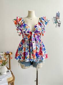 Soleia Áo sơ mi nữ tay ngắn in họa tiết hoa nhiều màu cỡ lớn có cổ nơ Bohemian Boho lãng mạn hoa kỳ nghỉ hoa - Nhiều màu - Xem 4