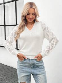 SHEIN LUNE Jersey De Punto De Agujero Con Mangas Raglán - Blanco - Ver 3