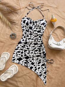 Soleia Women's Vacation Style Cow Print Asymmetric Hem Halter Neck Bowknot Tied Cute Lunch Bodycon Dress, Fashionable Summer Outfit For Beach, Afternoon Tea, Party, Date