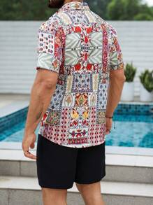 Manfinity RSRT Men Casual Outfit (Asymmetrical Pattern) - Short Sleeve Shirt & Shorts, Fashion Summer Wear Vintage Tees Men Men Clothing Men Shirts - Multicolor - View 2