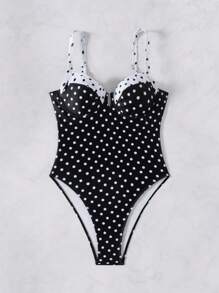 Swim Chiccia Women's Summer Beach Vacation Wide Strap Black White Polka Dot Print Steel Boned Backless Patchwork One-Piece Swimsuit - Black - View 4