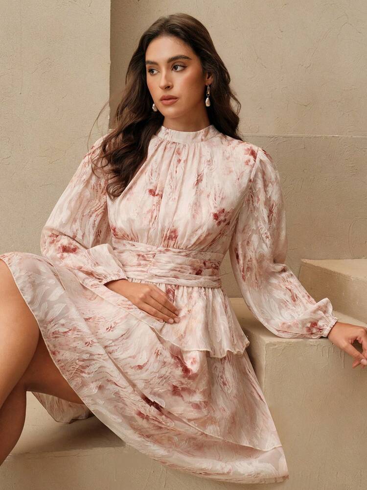 Plus Size Women Pleated Waist Long Sleeve Geometric Print Lightweight Elegant Dress