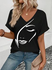 SHEIN Women V-Neck Abstract Art Print Loose Casual Short Sleeve T-Shirt, New Fashion Design