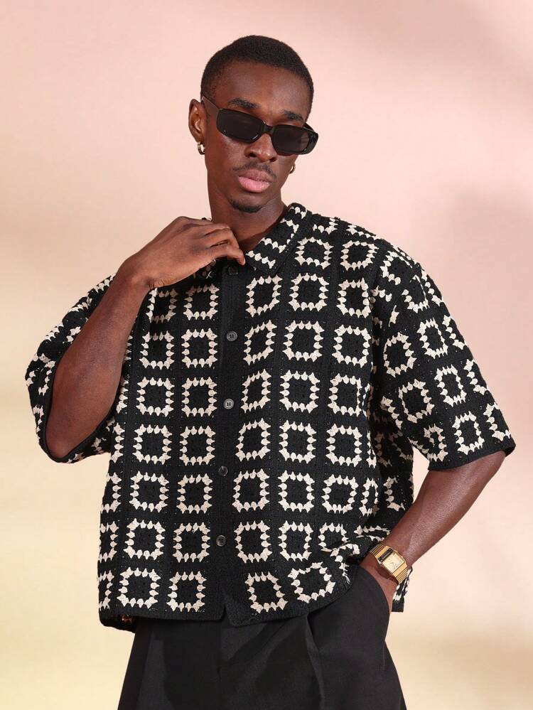 Men Oversized Crochet Knit Button Down Cardigan