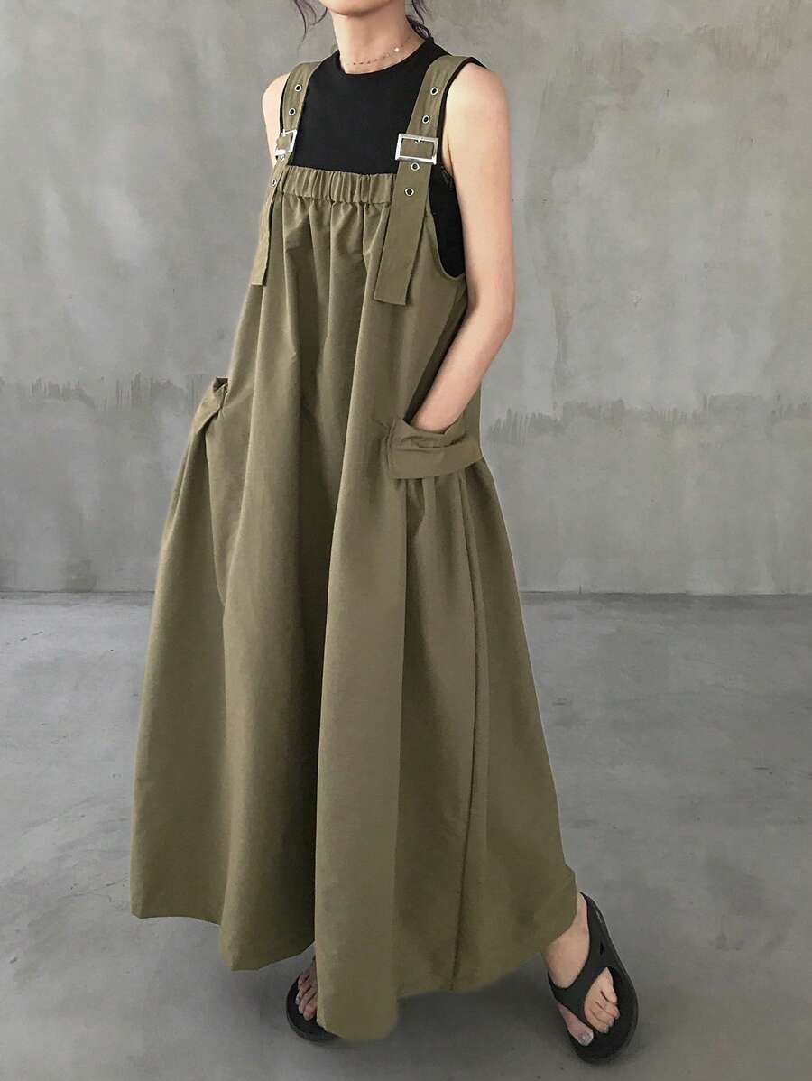 FRIFUL 女式简约休闲宽松长吊带连衣裙，春夏 - 綠色 - 查看 1