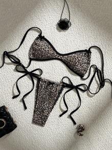 SHEIN Sweetro New Women Leopard Print Bikini Set, Random Pattern, Spaghetti Strap, Small Bow Decor, Backless Top With Tie-Sides Bottom For Summer Beach Vacation