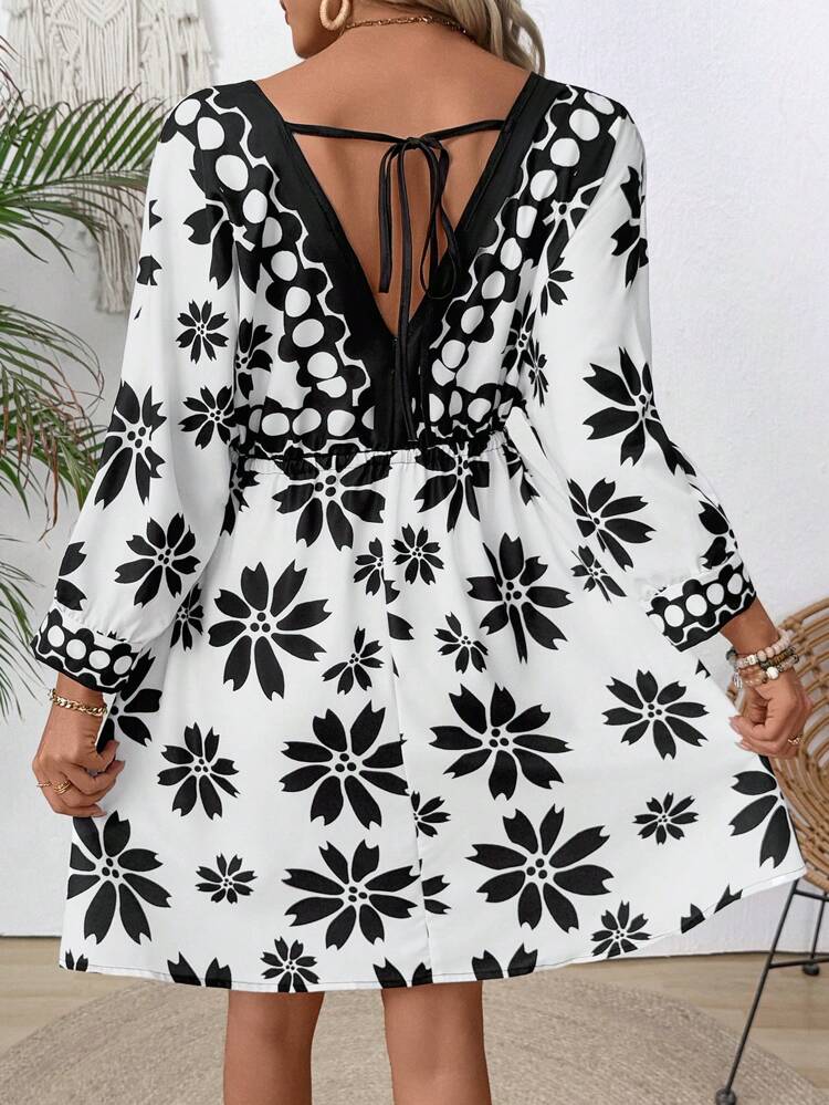 Women's Floral Print V-Neck 3/4 Sleeve Tie Front Short Casual Dress, Perfect For Vacation Omen's Backless Round Neck Striped Printed Ruffle Hem Sleeveless Summer Stripe Old Money Style Dress Date Night Dress Work Women Dresses Folk Print Embroidered Top Dresses Front Tie Dresses Teacher Clothing