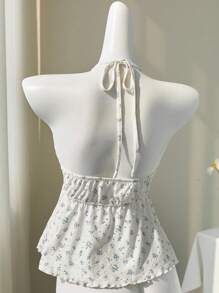 Elamini Yellow Delicate Ditsy Floral Hollow V-Neck Sexy Backless Sleeveless Crop Top, Spring/Summer