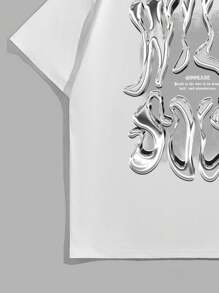 Manfinity EMRG Street Style Plus Size Fluid Metallic Text Graphic Print White Round Neck T-Shirt - White - View 3