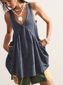 Bohemela 女士休闲纯色V领宽松针织短款连衣裙 - 深灰色 - 查看 4