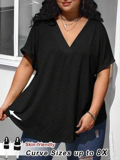 SHEIN CURVE+ Extra Large Summer Casual V-Neck Flip Sleeve Solid Color T-Shirt, Basic T-Shirt, Vacation V-Neck T-Shirt/Plus Size T Shirtsummer/Country/Beach Vacation Outfits/Beach Outfits/Beach Wear