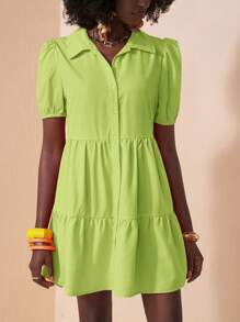 Zivah Vacation Puff Sleeve Open Front Tiered Loose Summer Dress - Olive Green - View 3