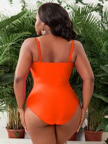 Slaydiva Plus Size Women V-Neck Cinch Waist One-Piece Swimsuit, Pleated Tummy Control, Sexy & Slimming, For Nightclub Party, Casual Holiday For Summer Beach Vacation - Orange - View 2