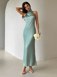 Aloruh 女士婚礼季性感优雅围巾领露背缎面美人鱼长裙蜜月装女士婚礼宾客礼服海岛度假装扮女士夏季礼服婚礼宾客礼服女士太阳裙母亲节装女士毕业礼服，薄荷绿礼服 - 綠色 - 查看 4