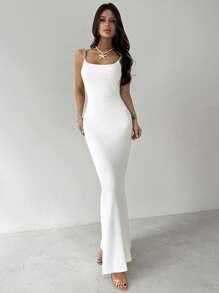 Firerie Vestido largo ajustado de novia, con tirantes de espagueti y espalda descubierta, decorado con perlas blancas, para vacaciones de verano, fiestas, bodas y eventos elegantes - Blanco - Ver 4