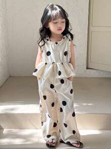 Genkimix Kids 2pcs/Set Toddler Girls Casual Polka Dot Outfit, Includes Cinched Waist Vest Top And Loose Wide Leg Pants, Fashionable Summer