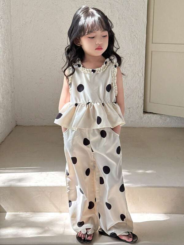 Genkimix Kids 2pcs/Set Toddler Girls Casual Polka Dot Outfit, Includes Cinched Waist Vest Top And Loose Wide Leg Pants, Fashionable Summer