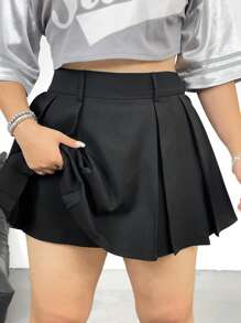 Flirla Plus Size Women High Waist Pleated A-Line Black Shorts, Elastic Waist, Minimalist Elegant Casual For Office Wear Summer - Black - View 3