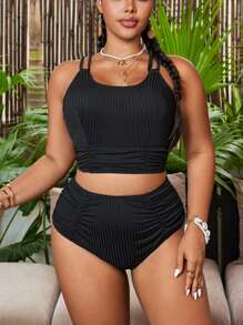 Swim Lushoire Plus Size Women 2pcs Set - Cross Strap Round Neck Crop Top And High Waist Ruched Bikini Bottoms, Summer Beach Holiday