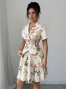 Selianne 印花短袖褶皱A字优雅浪漫女士套装