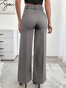 EURMUSE Women's Solid Color Belted Elegant Press Crease Office Pants Grey Autumn - Grey - View 2
