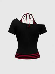 ROMWE J-Fashion Gyaru Summer Beach Concert Women Rave Festival Streetwear Y2K Sexy Asymmetrical Shoulder Contrast Stripe T-Shirt - Black - View 2