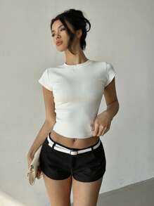 Aloruh Quần Short Nữ Hàng Mới Về, Quần Short Mini Siêu Ngắn Kiểu Dáng Gợi Cảm Màu Trơn Có Thắt Lưng, Thu/Đông - màu đen - Xem 6