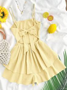 SHEIN Teen Girls Spring/Summer Yellow Textured Woven Ruffle Layered Casual Jumpsuit With Large Bow, Waisted Vacation Style - Yellow - View 2