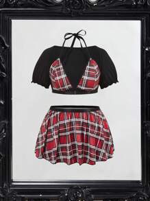 SHEIN 加大码格子印花撞色绑带女学生服装套装