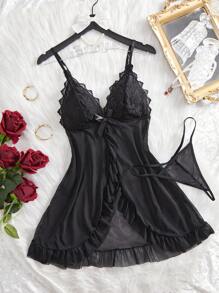 Women's Black Lace Contrast Mesh Sexy Lingerie Set - Black - View 6