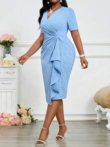 SHEIN Lady Mùa xuân và mùa hè thanh lịch màu xanh thanh lịch cổ điển công việc tiệc cưới ngày lễ tình nhân tiệc năm mới đan Depp cổ chữ V đính đá xếp nếp mới về váy ôm cỡ lớn váy dạ hội trang trọng váy cỡ lớn - Màu xanh lam - Xem 3