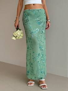 Aloruh 女士婚礼季优雅亮片刺绣修身低腰长款薄荷绿裙子低腰亮片长裙 - 薄荷绿蜜月女士婚礼宾客岛屿度假造型毕业