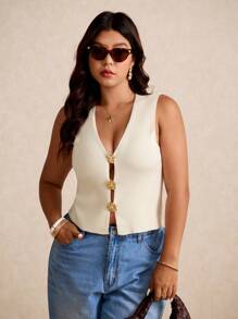 Elaquor Chaleco de punto de unicolor talla grande, de moda para el verano en otoño/invierno - Blanco - Ver 4