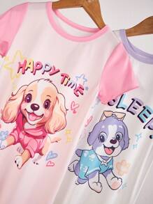 2pcs Young Girl Puppy Print Soft Comfortable Long Nightgown With Purple Sleeves - Multicolor - View 5