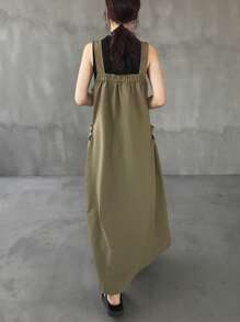 FRIFUL 女式简约休闲宽松长吊带连衣裙，春夏 - 綠色 - 查看 5